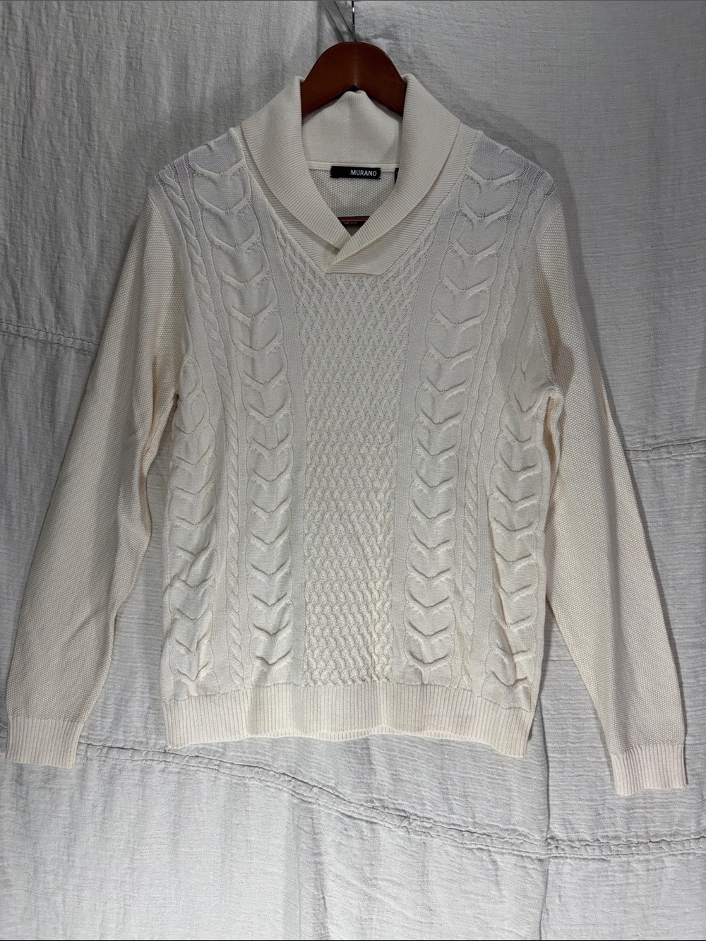 Murano Men’s Cable Knit Shawl-Collar Sweater Cream White Wool Blend Size L EUC